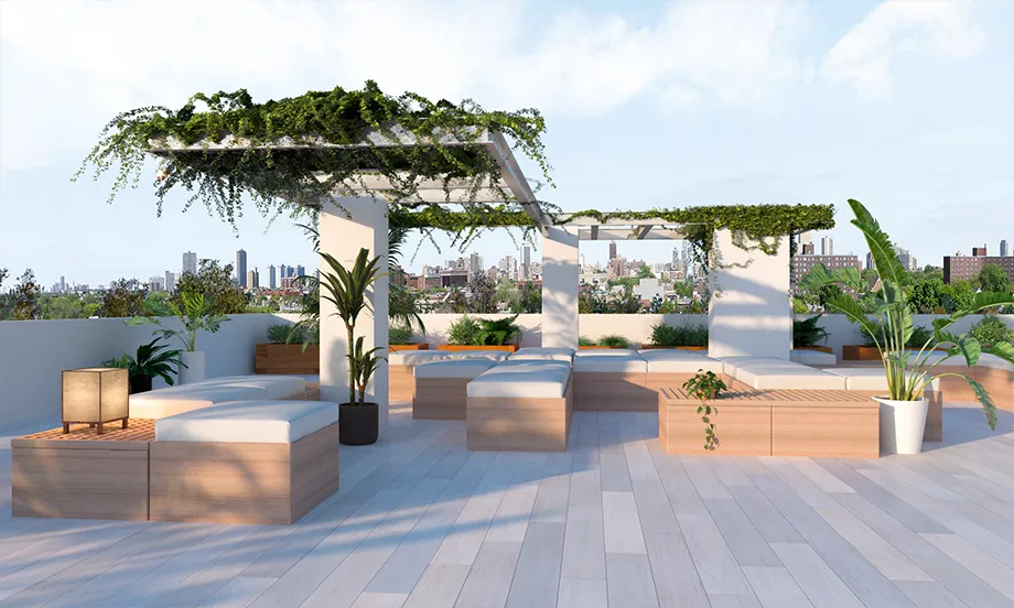render de la terraza del edificio dónde se ve una serie de módulos con sillones y plantas. también una pérgola con una enredadera entre las varillas