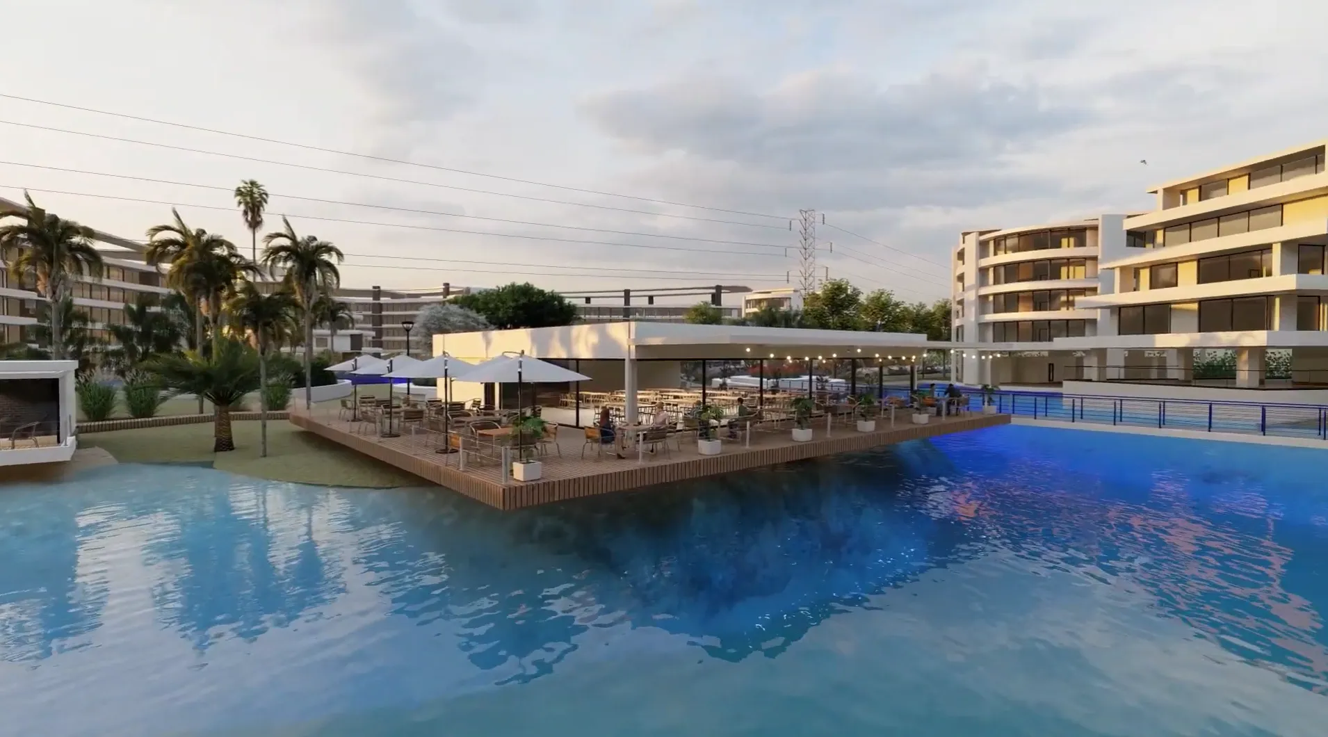 proyecto alas del norte hecho por estudio amura. bar dentro del complejo sobre un espejo de agua artificial.