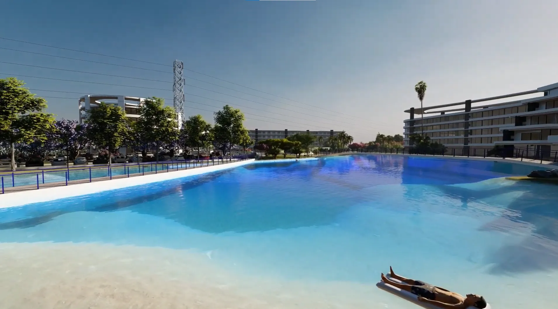 playa artifical en el barrio Alas del norte. dónde un hombre toma sol a orillas del mismo. Construído por estudio amura