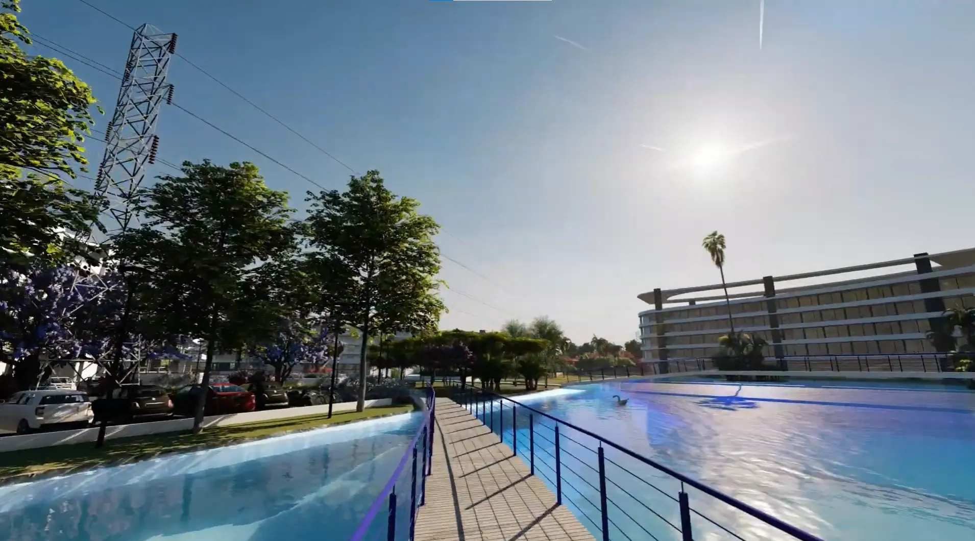 playa artifical en el barrio Alas del norte. dónde un hombre toma sol a orillas del mismo. Construído por estudio amura